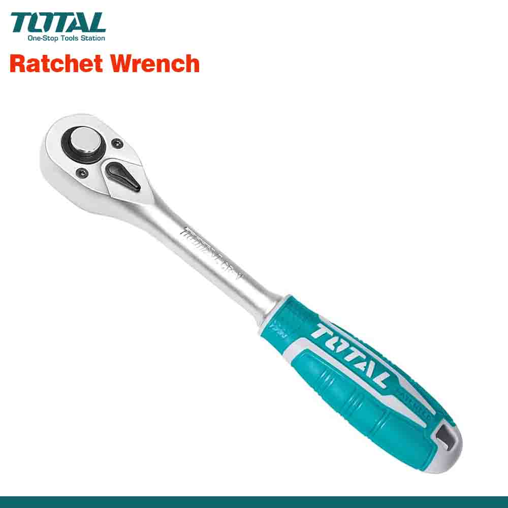 A silver-colored ratchet wrench with a blue grip handle and the TOTAL brand logo on it.
