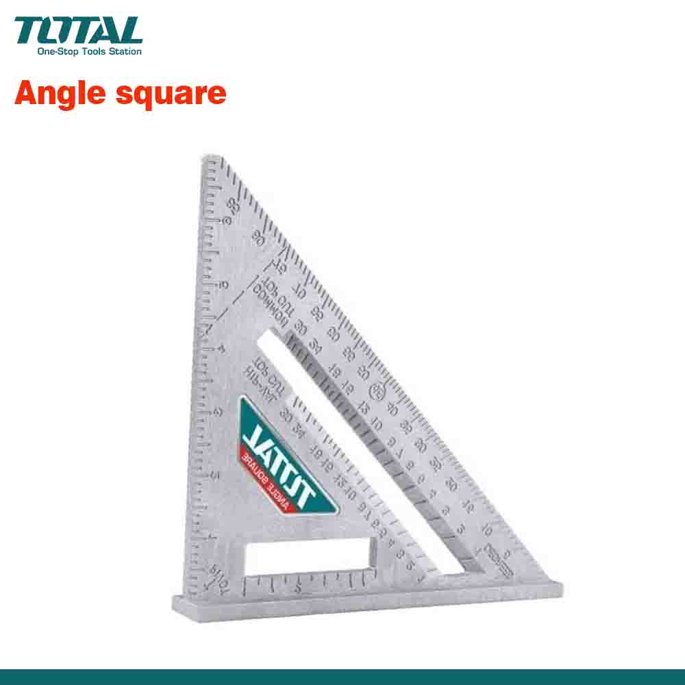 A gray plastic angle square with measurement markings, branded with the name 'TOTAL' on the side.