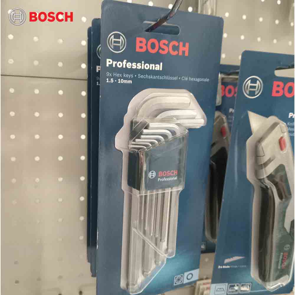 Bosch professional tool set packaging on a pegboard
