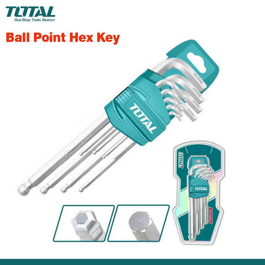 A set of nine chrome-plated ball point hex keys by TOTAL, including various sizes from 1.5mm to 10mm, packed in a double blister packaging.