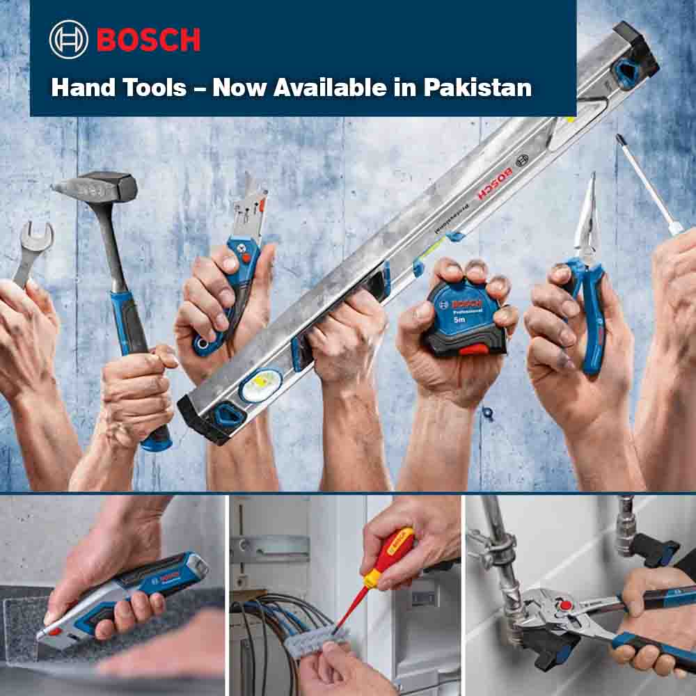 Bosch hand tools being used in various applications with a blue background and Bosch logo.