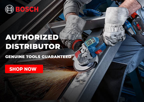 Person using a Bosch angle grinder on metal with promotional text for an authorized distributor.