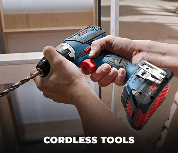 Person using a cordless drill with 'Bosch' branding, text 'CORDLESS TOOLS' below.