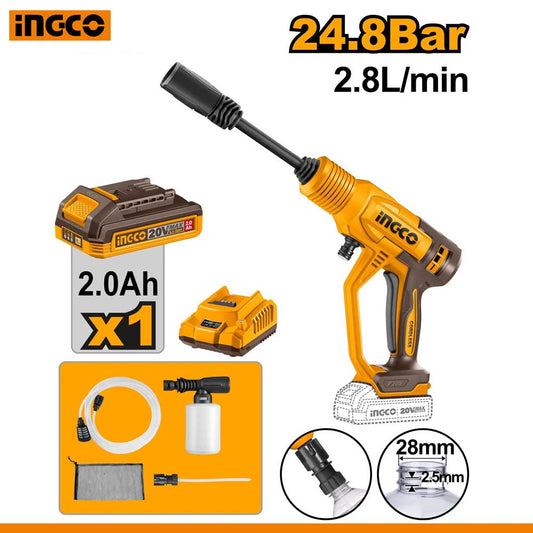 INGCO 20V Pressure Washer with 2Ah Battery, Charger & Foam Bottle