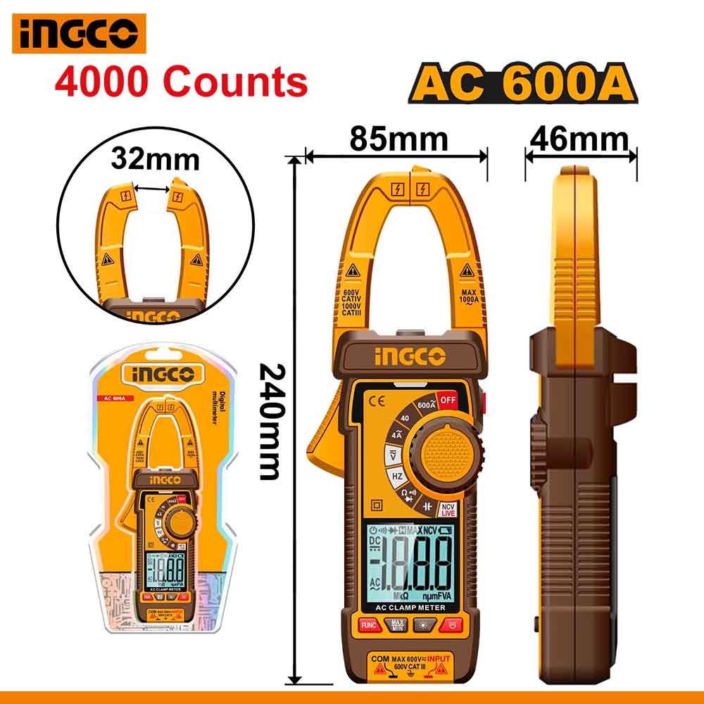 INGCO DCM66001 AC Clamp Meter Multimeter with Frequency & Capacitance