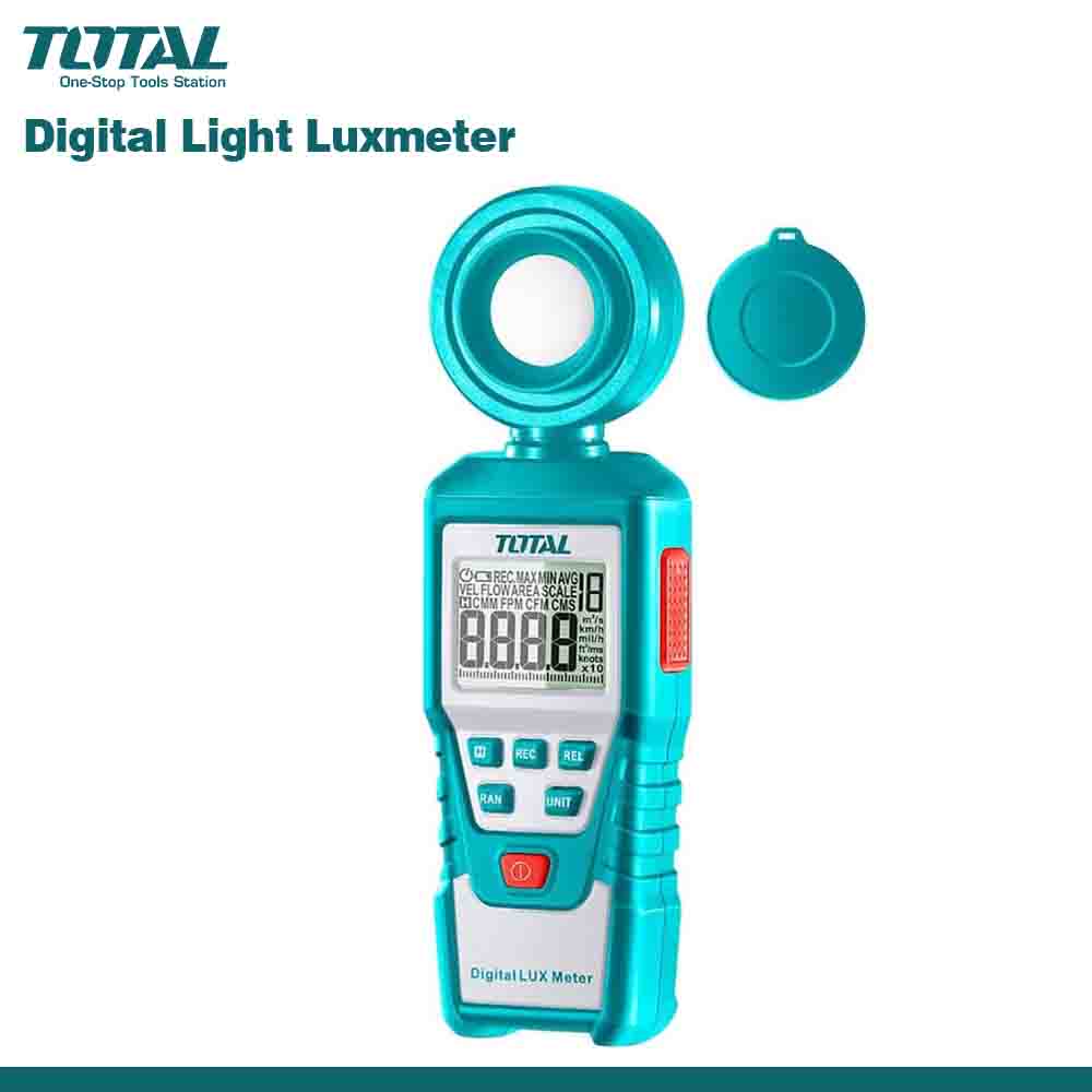 A digital light lux meter with a blue body and a digital display, branded TOTAL.