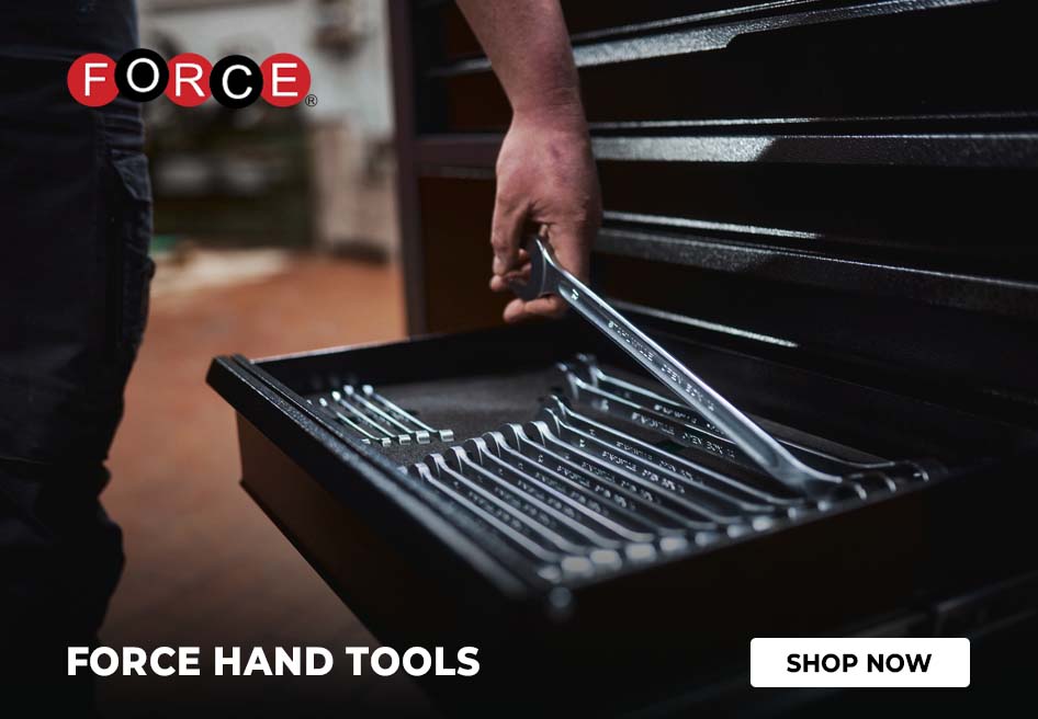 Person holding a set of wrenches from a Force tool box with 'FORCE' branding.