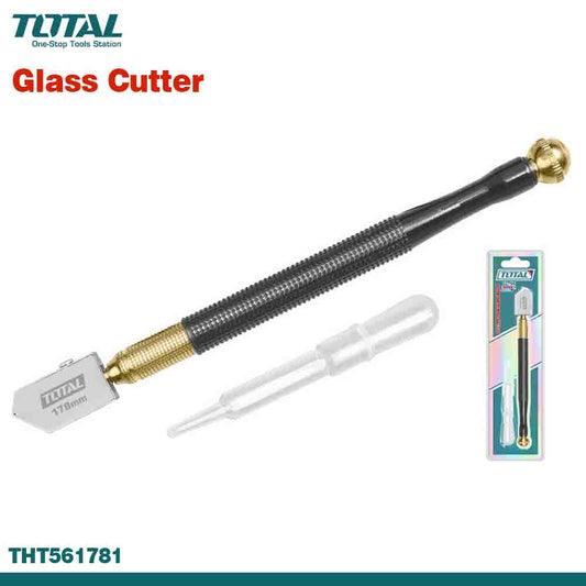 Glass cutter with a black handle, gold accents, and a white cutting head, along with its packaging.