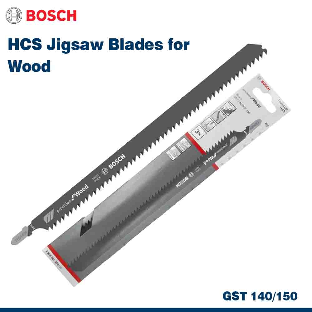 Bosch HCS jigsaw blades for wood with packaging on a white background