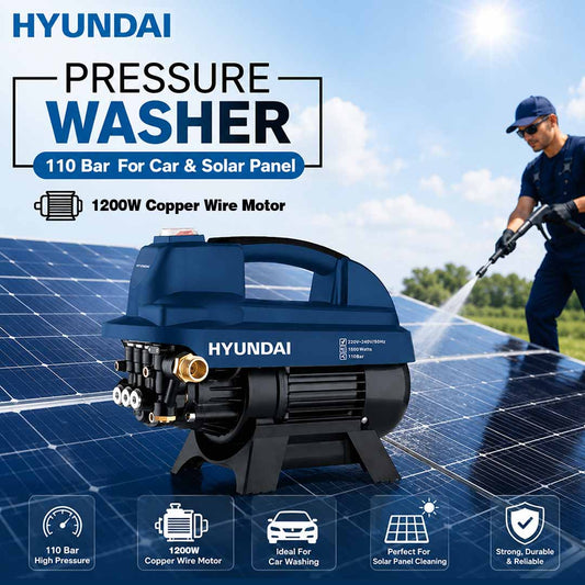 Hyundai 110 Bar Pressure Washer 1200W 100% Copper Induction Motor for Car & Solar Panel Cleaning
