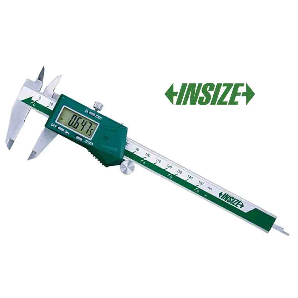 A digital vernier caliper with a green body and digital display, branded by INSIZE.