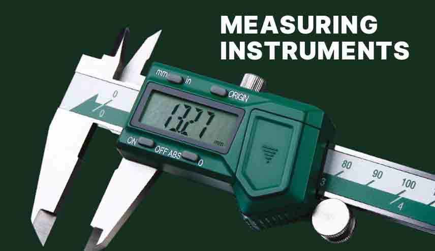Digital caliper with a green body on a dark green background, labeled 'Measuring Instruments'.
