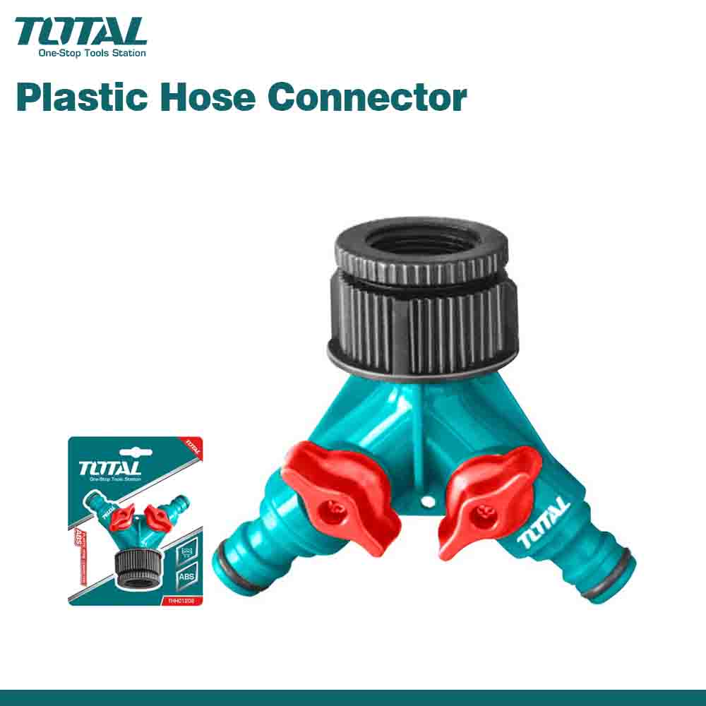 A 2-way hose connector with a black plastic swivel nut and red shut-off valves, branded with the TOTAL logo, against a white background.