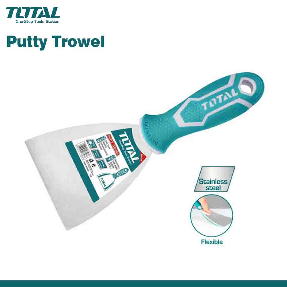 A stainless steel putty trowel with a flexible blade and a green handle with the TOTAL brand logo.