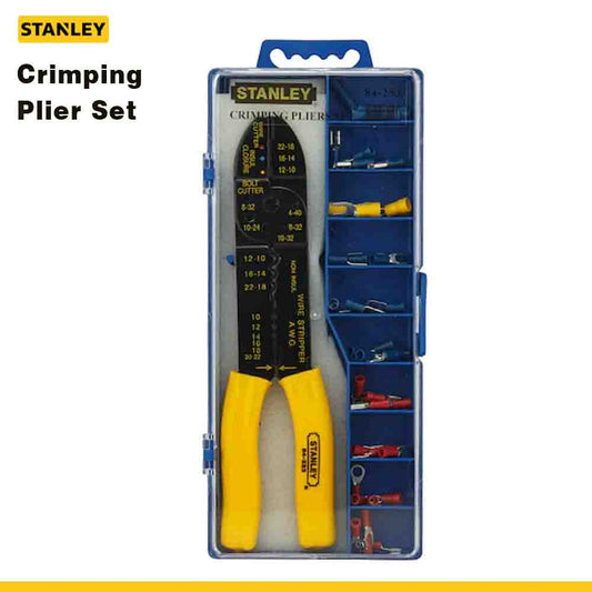 STANLEY Crimping Plier Set in a blue and clear plastic case, showcasing the pliers and additional tools for crimping.