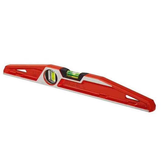 A red Stanley MLH Aluminium Antishock Level with a clear vial for precision measurement.