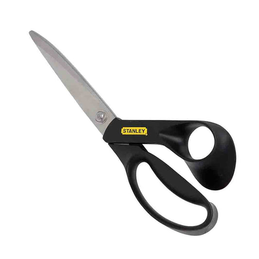 A pair of STANLEY branded scissors with black ergonomic handles and a serrated stainless steel blade.