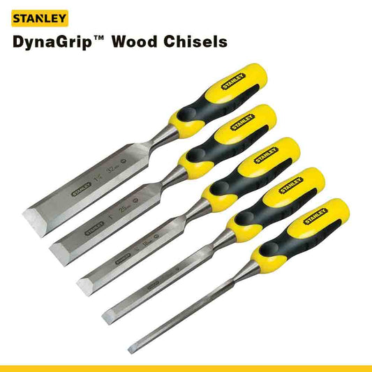 A set of five STANLEY DynaGrip wood chisels with black and yellow handles and steel strikecaps.
