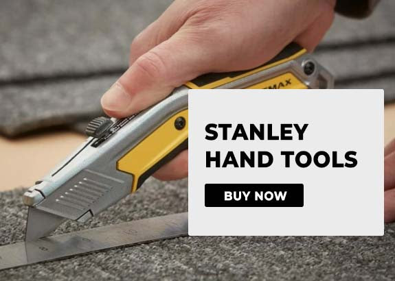 Hand holding a Stanley hand tool with a 'Buy Now' button overlay