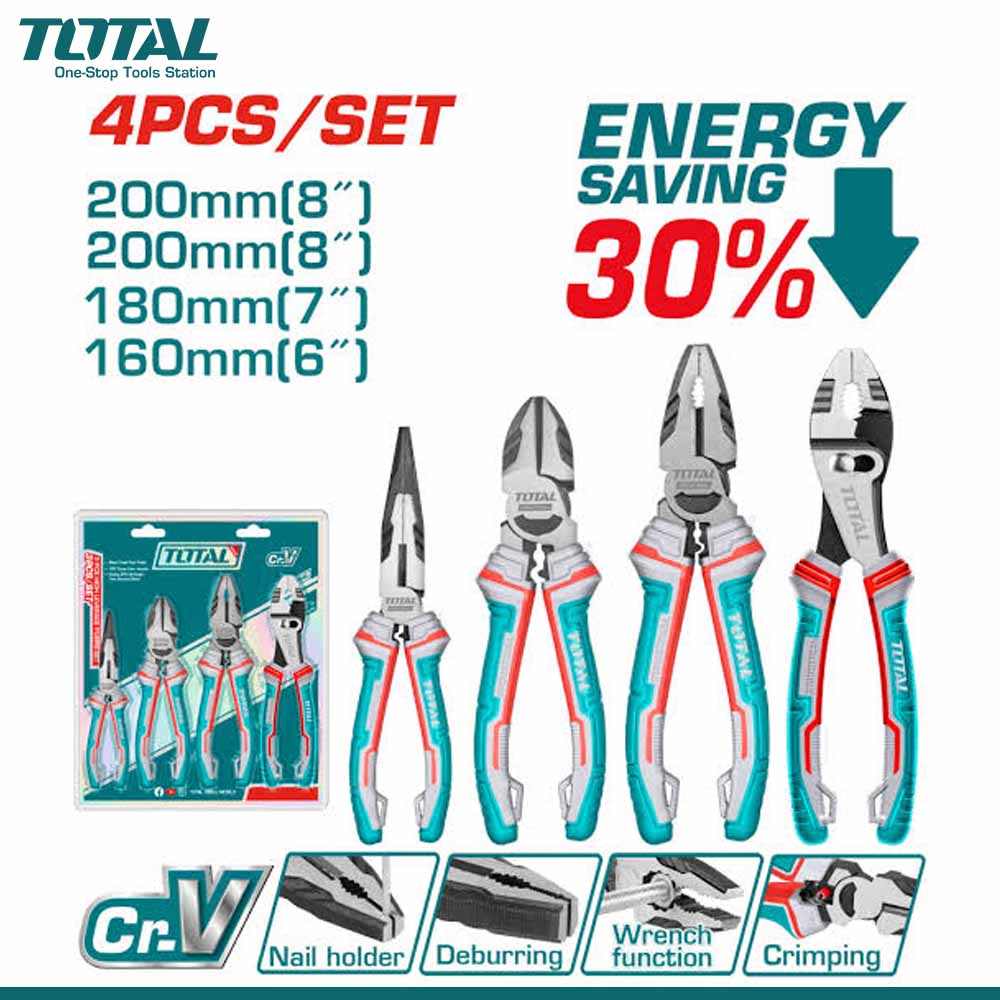 4 Piece Pliers Set | High Leverage Cr-V Combination, Long Nose & Cutting Pliers