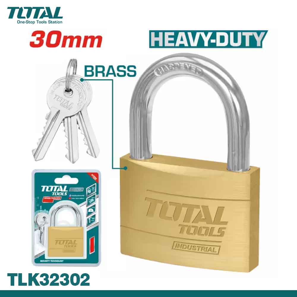 TOTAL TLK32302L Brass Padlock 30mm Heavy Duty Lock with 3 Brass Keys