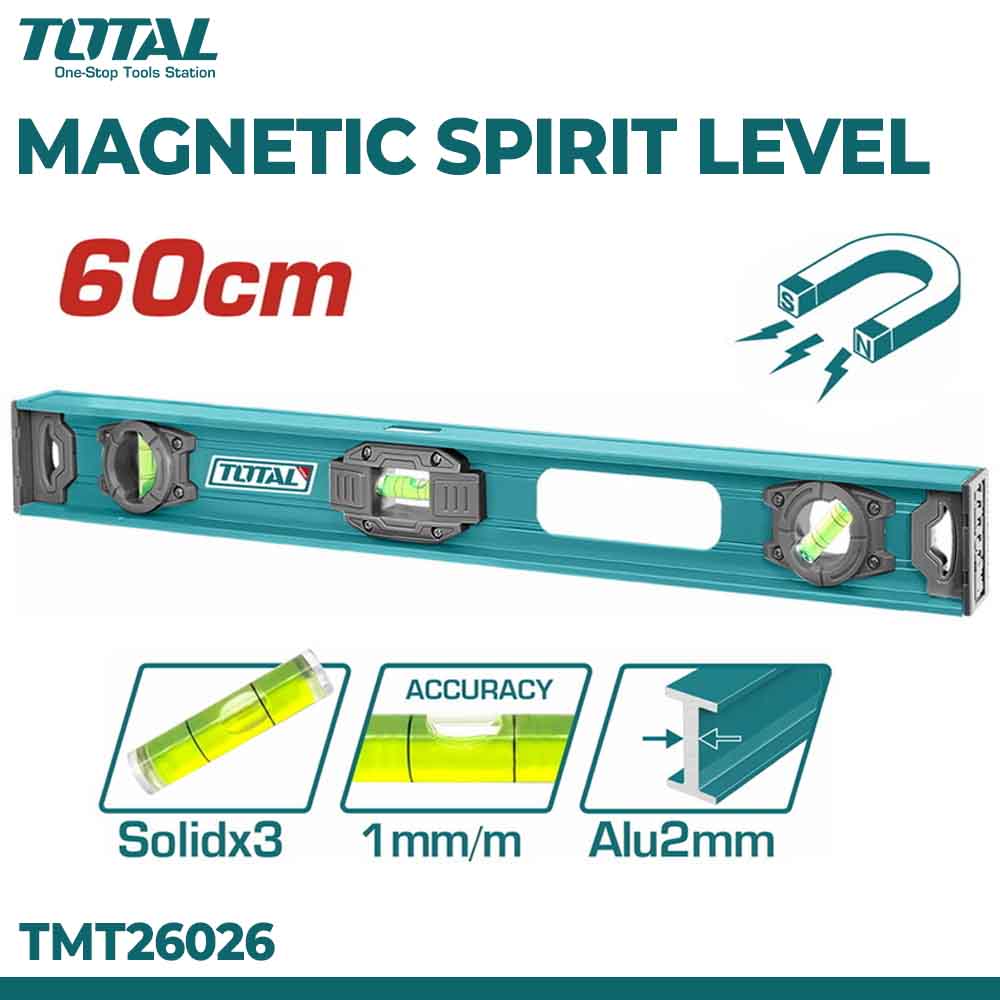 TOTAL Magnetic Spirit Level 60CM – Aluminum Bubble Hand Level