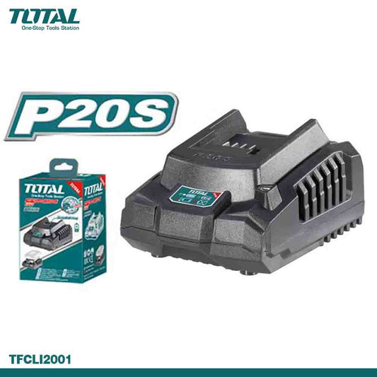 A black TOTAL 20V fast intelligent charger, model P20S, with its packaging box.