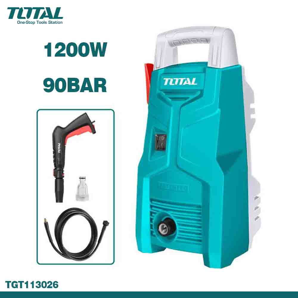 A blue TOTAL high pressure washer with 90Bar (1300 PSI) and 1200W power indication, including accessories such as a spray gun and hose.