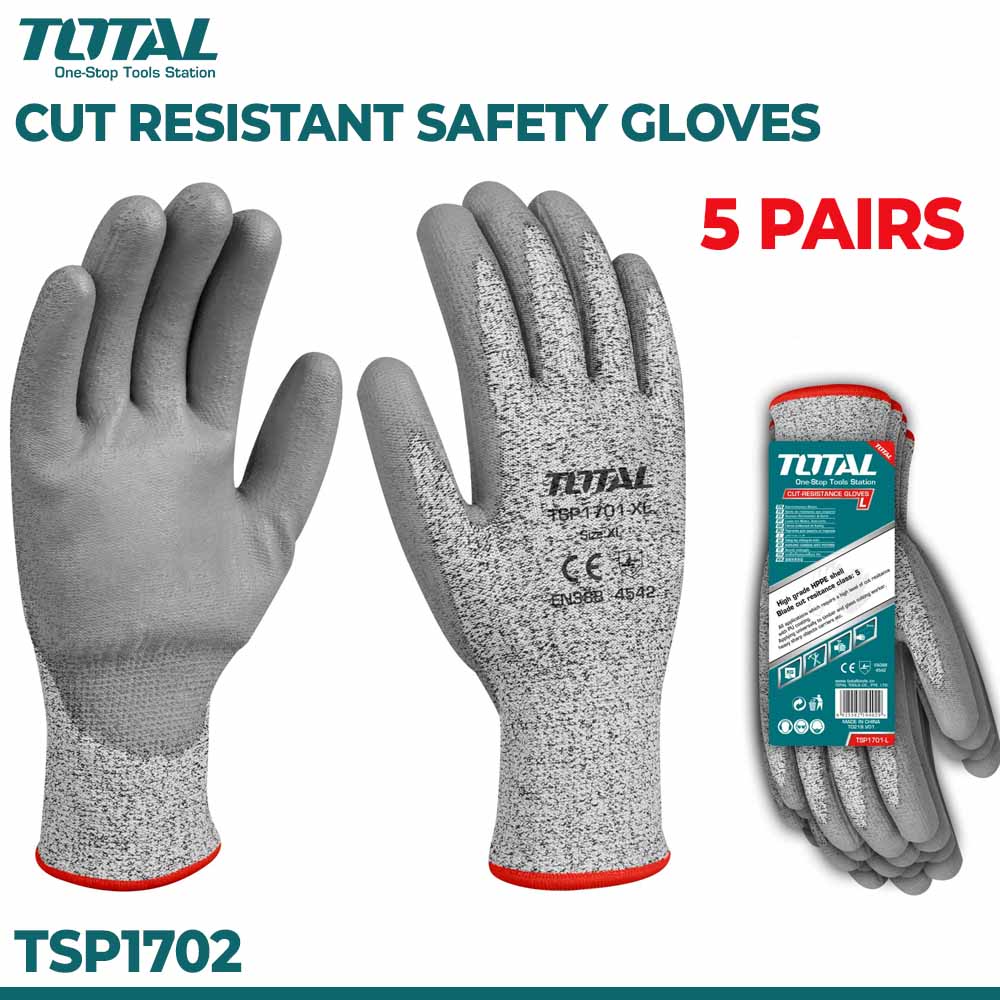Cut Resistant Safety Gloves 5 Pair Set | HPPE Level 5 PU Coated Gloves