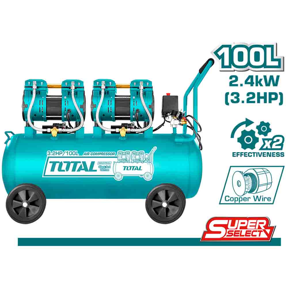 TOTAL 100 Litre Oil-Free Air Compressor - 100% Copper Wire Motor