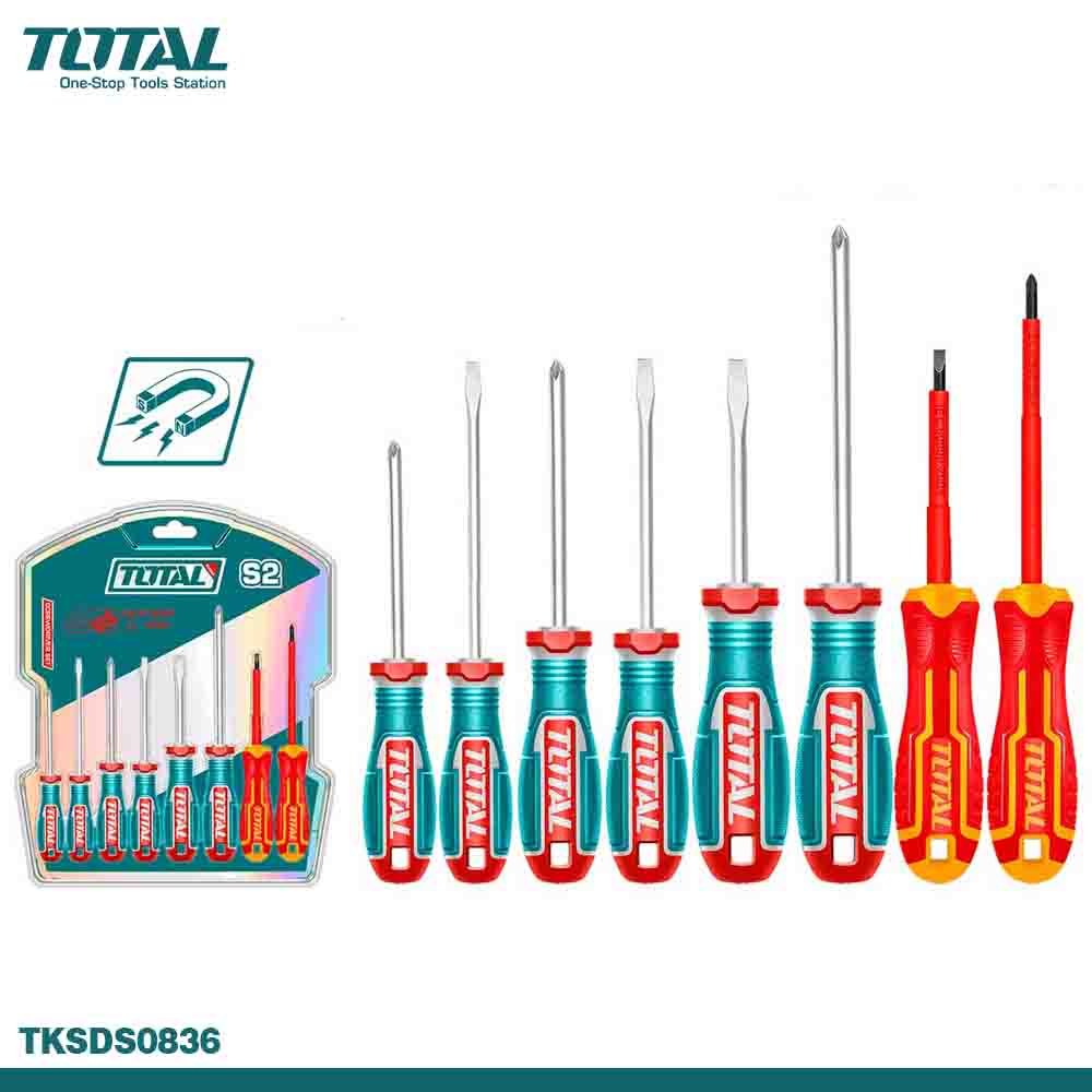 TOTAL TKSDS0836 8 Pcs Screwdriver Kit | 1000V VDE Certified Electrician Screwdriver Set