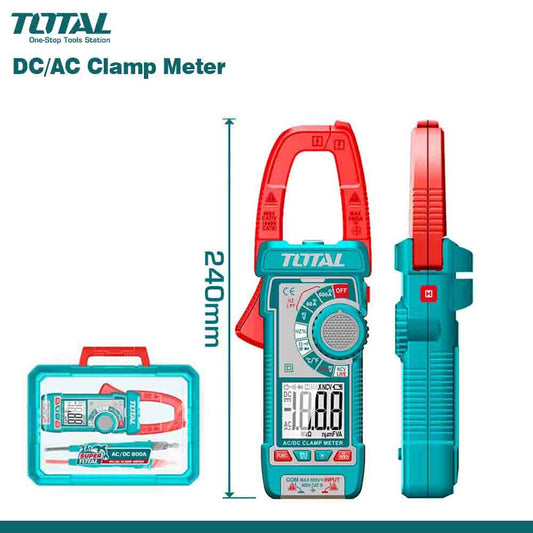 A digital multimeter with a blue body and red clamps, displaying a digital screen and various measurement settings, alongside its carrying case.