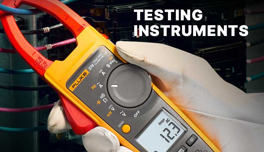 Fluke multimeter being used with text 'Testing Instruments' on a blurred background