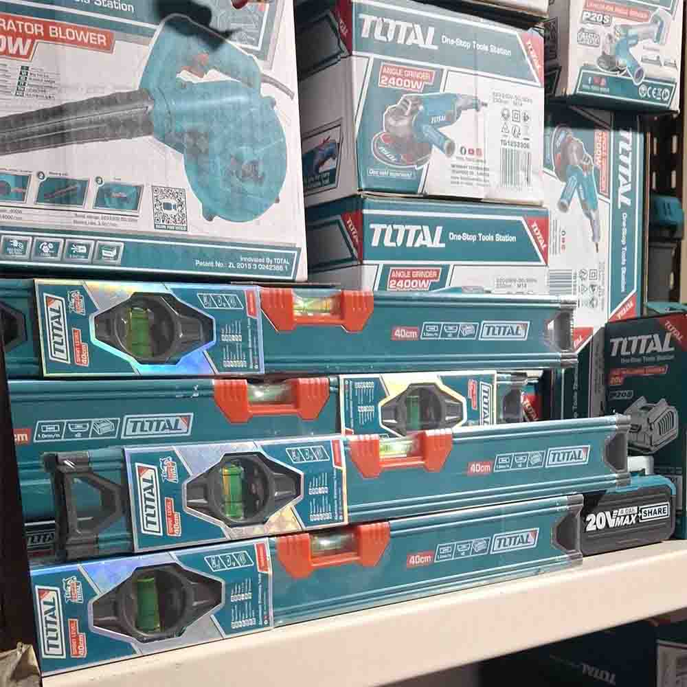 Stack of Total brand tool boxes on a shelf