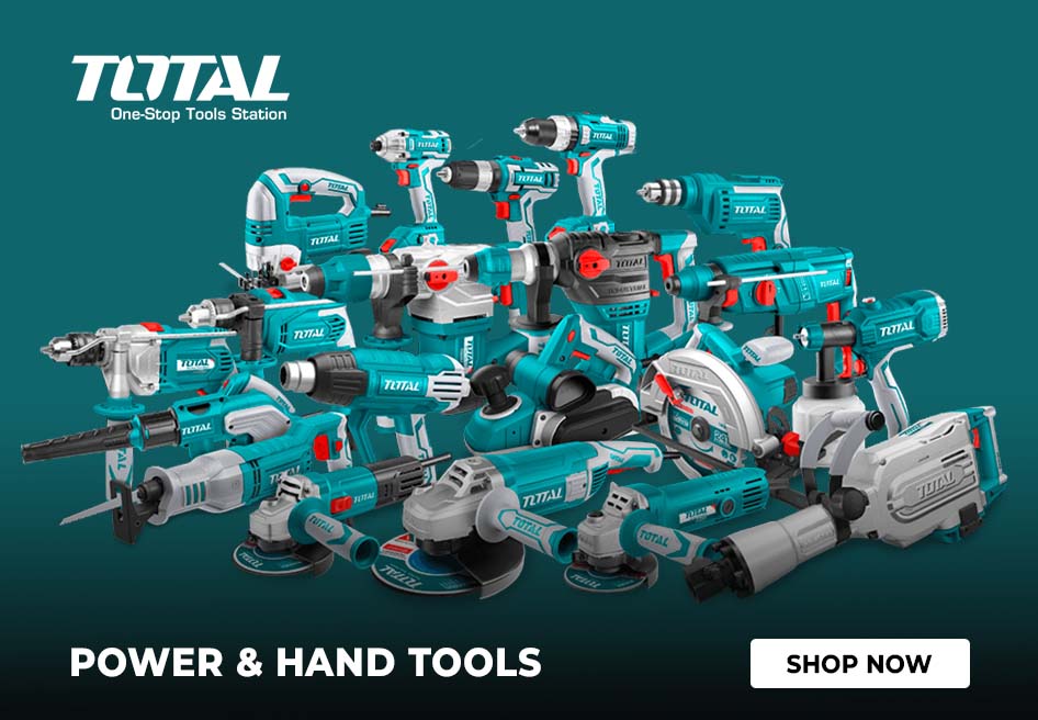 Collection of Total power and hand tools on a dark green background with 'Total' branding.