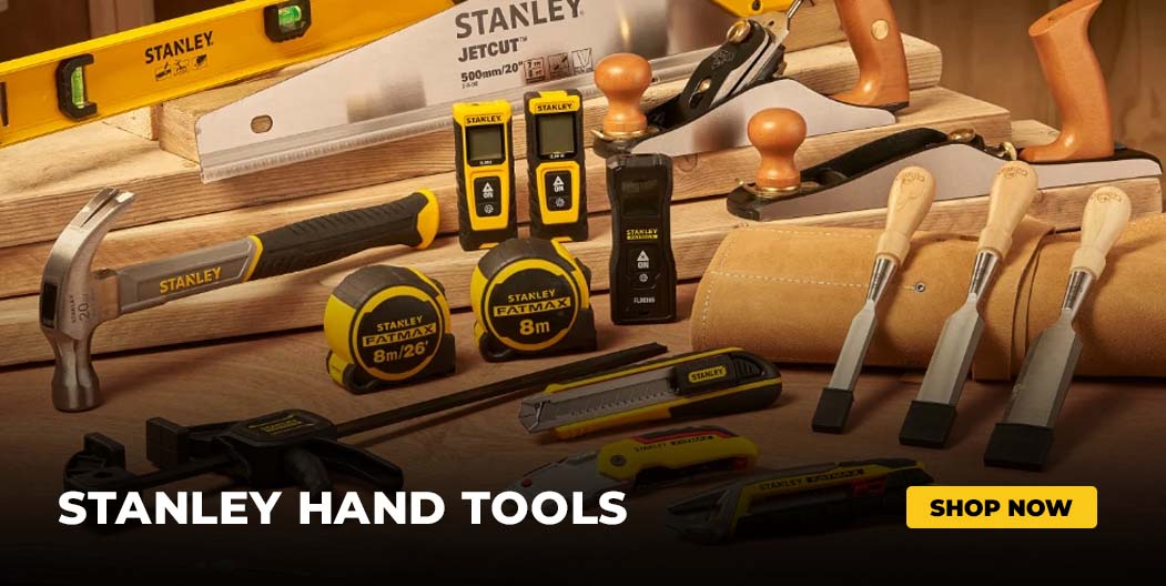 Collection of Stanley hand tools on a wooden surface with 'Shop Now' button.